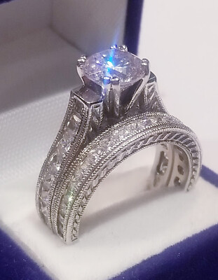 #ad 3 Ct Princess Round Engagement Wedding set Antique Sterling simulated Diamonds $94.50
