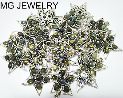 #ad 30 Pcs Spectrolite Labradorite Gemstone .925 Silver Plated Star Design Pendants $149.99