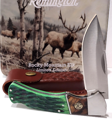 #ad Remington Buck Elk Tin Green Jigged Bone Lockback Hunting Pocket Knife Sheath $22.95