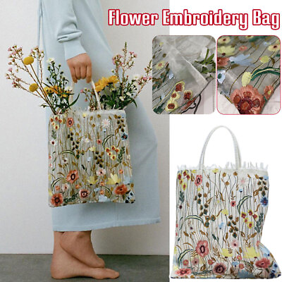 #ad Womens Student Mesh Hand Embroidered Flower Shoulder Bag Lace Tote Bag Portable $10.57