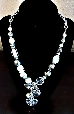 #ad Vintage Chunky Silver Tone Necklace w Silver Metal Beads Art Glass Beads $45.59