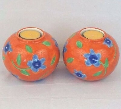 #ad Avon Candle Holders Set 2 Ceramic Hand Painted Flowers Blue Orange Round Decor $8.22