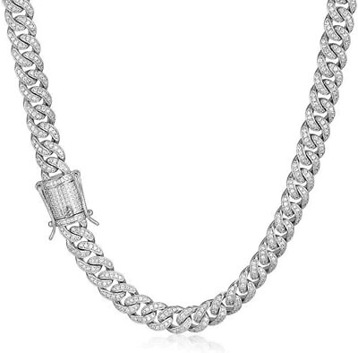 #ad Men#x27;s 8mm White Gold Plated Stainless Steel Miami Cuban Link Chain CZ Necklace $59.38