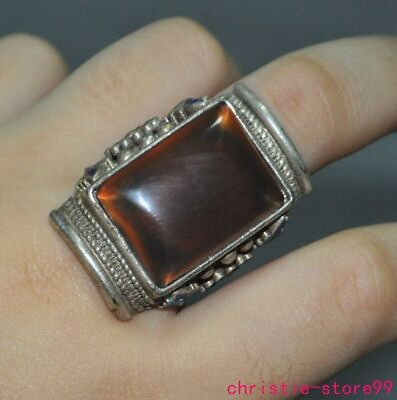 #ad 1.4#x27;#x27; Old Chinese Silver brown Gem Ornaments Jewelry Flower Ring Statue $39.00