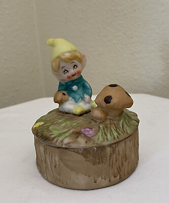 #ad Pixie Elf Figurine Trinket Dish Homco Tree Stump Mushroom Vintage Kitsch Lidded $8.79