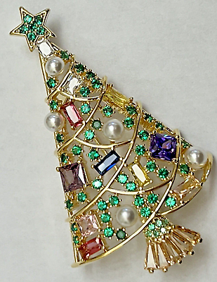 #ad Christmas Tree Multicolor Crystal Rhinestone Brooch Pin Glass Vintage Gold Tone $16.99