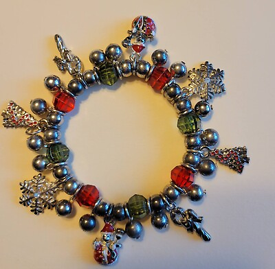 #ad Christmas Red amp; Green Bead Stretch Bracelet with 8 Charms 6quot; W fr sh $8.00
