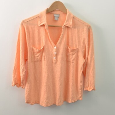 #ad Chicos Linen Blouse Womens 3 US XL 16 Orange Pockets 3 4 Sleeve Pullover $17.49