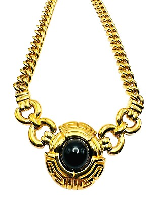 #ad GIVENCHY VINTAGE Gold Black Cabochon 17quot; COLLAR CHOKER Necklace Toggle Clasp LN $149.99