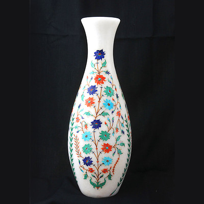 #ad 11quot; Marble Vase Flower Pot Inlay Work Pietra Dura Beautiful Lapis Lazuli Inlay S $686.00