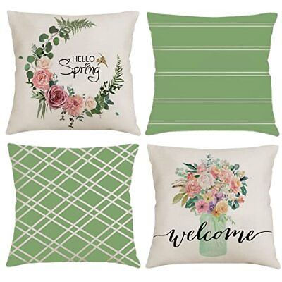 #ad Dunfire Spring Pillow Covers 18x18 Set of 4 Farmhouse Linen Throw Pillow Gree... $17.73