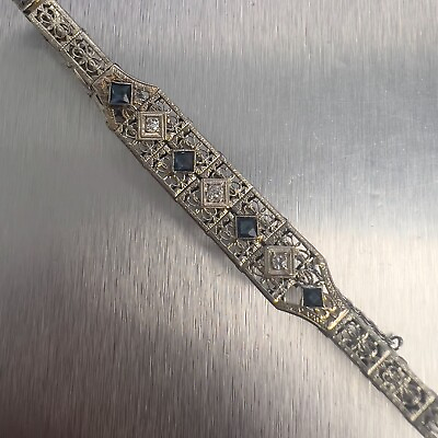 #ad Antique Art Deco 14k White Gold Diamond Sapphire Filigree Bracelet 0.15ctw 10.4g $848.48