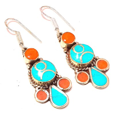 #ad Tibetan Turquoise Coral Silver Plated Drop Dangle Nepali Earrings 2.20quot; PG 5032 $6.59