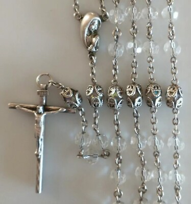 #ad Vintage Catholic Creed Sterling Silver Rosary Heavy Clear Glass Beads $129.99