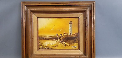 #ad Art H. Gailey Ocean and Lighthouse Oil Painting Framed $80.00