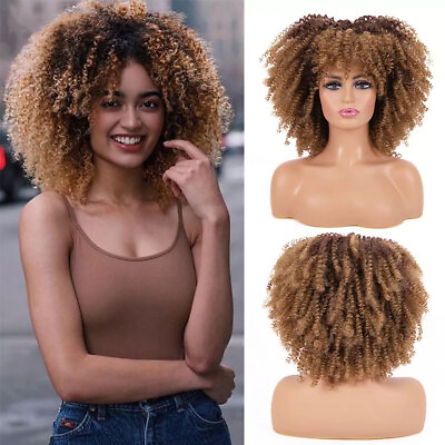 #ad Beauty Ombre Afro Curly Wigs Synthetic Short Brown Blonde Wigs Fashion Soft Wear $18.99
