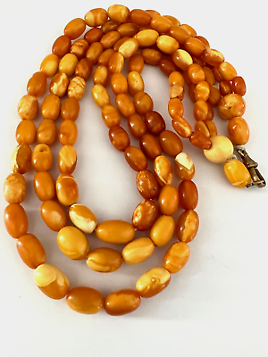 #ad VINTAGE WHITE BALTIC BUTTERSCOTCH AMBER NECKLACE OVAL BAREL PRAYER BEAD 老琥 $1588.00