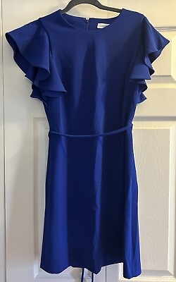#ad Calvin Klein Belted Royal Blue Dress with Ruffled Short Sleeves size 8 $21.00