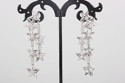 #ad STERLING SILVER ROW OF DANGLY STARS CLEAR STONES EARRINGS 925 FINE 6383 $50.00