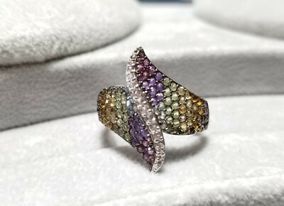 #ad Ross Simons multi gemstone rainbow Sterling Silver long wave swirl cluster Ring $145.00