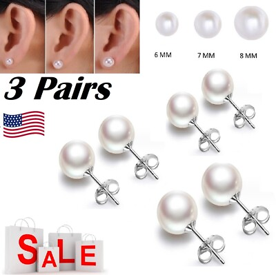 #ad 3Pairs White Genuine Cultured Freshwater Pearl Stud Earrings 925 Silver 6 7 8 mm $8.99