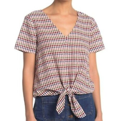 #ad Stitch Fix Madewell Womens Tie Front Top Size Large Short Sleeve Gingham Check $17.95