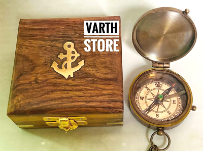 #ad Antique Brass Christian Pocket Compass Vintage Nautical Marine Compass With Box $33.50