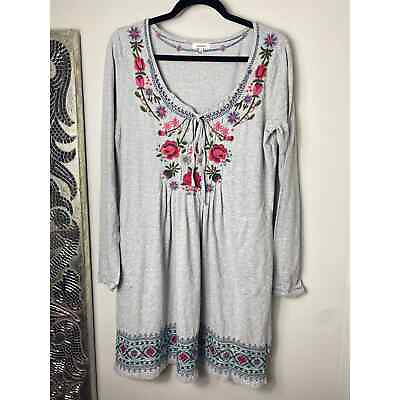 #ad SUNDANCE EMBROIDERED FLORAL GRAY PINK TIE NECK TUNIC SHORT DRESS M $65.00