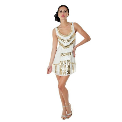 #ad New Gold Ivory Flapper Dress Sleeveless Sequins size 12 Halloween Costume Party $19.99