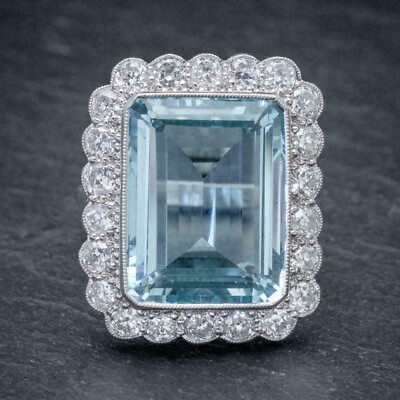 #ad Gorgeous Emerald Cut Blue Transparent Aquamarine Women#x27;s Halo Style Ring $166.00
