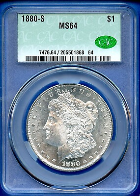 #ad 1880 S CACG MS64 Morgan Silver Dollar $1 US Mint Coin 1880 S MS 64 CAC $164.95