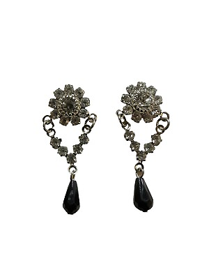 #ad Flower Rhinestone and Black stone Dangle Chandelier Earrings $10.80