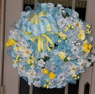 #ad Floral Wreath Everyday Spring Summer Deco Mesh Blue and Yellow Handmade $54.00