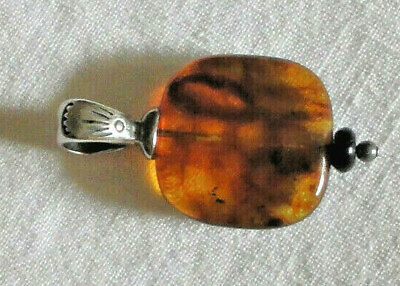 #ad VTG George Schuler amp; Co Sterling Silver Amber Square Onyx Bead Pendant 1 3 4quot; $42.90