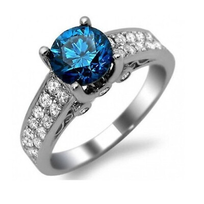 #ad Women#x27;s Blue Round Cut 925 Sterling Silver Plated CZ Wedding Engagement Ring $8.99
