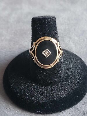 #ad Vintage Black Onyx And Diamond Gold Ring Size 6.75 $340.00