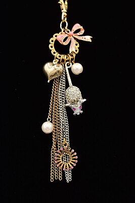 #ad Betsey Johnson Vintage Tassel Necklace Crystal Pendant Bow Key Mouse Y2K Bin6B $44.95