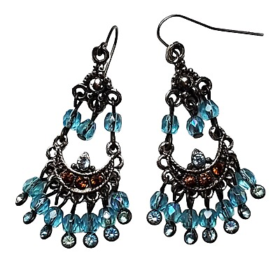 #ad #ad Beautiful Chandelier Earrings Blue Shimmering Beads Boho Casual Work Dress Up $14.00