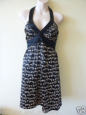 #ad NWT 100% Silk Betsey Johnson Cute Black Love Heart Halter Dress size 10 $51.99