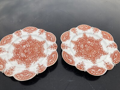 #ad Pair English Cabinet Plates 6” Coral amp; White Ornate Patt Unknown Registry Mark $32.95