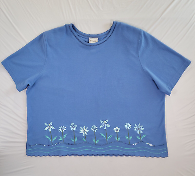 #ad Napa Valley Womens Top 2X Floral Embroidered Sequin Textured Blue Vintage $18.00