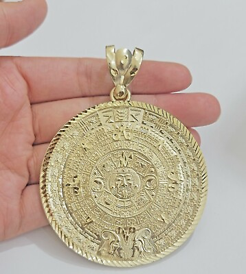 #ad SOLID Real 10kt Yellow Gold Pendant Aztec Mayan Calendar 3quot; Mens Charm for chain $2137.67