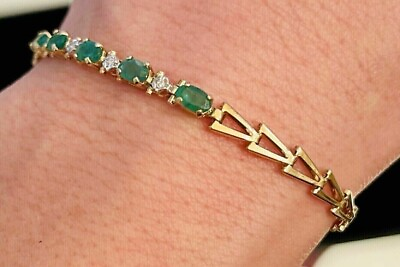 #ad Women Tennis Bracelet 925 Yellow Sterling Silver 6 Ct Oval Cut Simulated Emerald $259.99