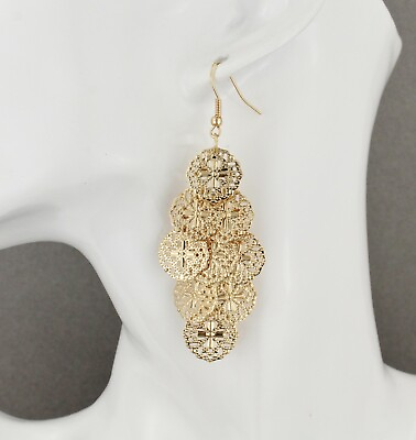Gold chandelier earrings filigree dangle pendant wiggly 3quot; long lightweight $11.99
