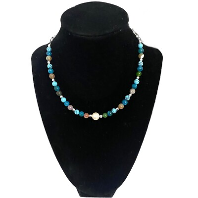 #ad Turquoise amp; Agate Beaded Gemstone Choker Necklace Pearl Accent Silver Chain $18.95