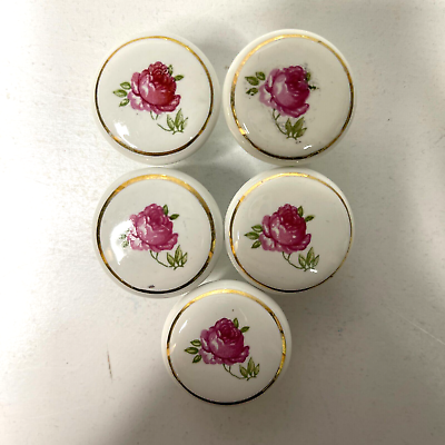 #ad Vintage Rose Floral Gold Trim Porcelain Japan Made Cabinet Pulls Knobs Lot of 5 $16.00