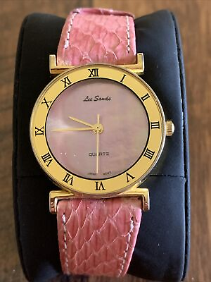 #ad Vtg Lee Sands Watch Women Pink Tone Round MOP Leather Band New Battery $19.99