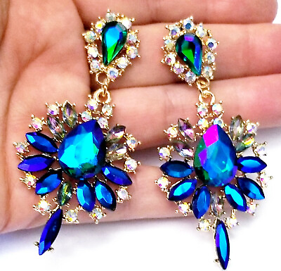 #ad Chandelier Earrings Blue Rhinestone Crystal 3 in $37.39