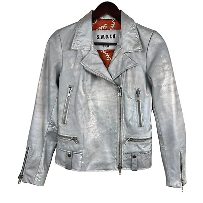 #ad S.W.O.R.D Gray Silver Leather Moto Biker Jacket Women’s Size 42 Italy 6 USA $104.67