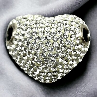 #ad Vintage 925 Sterling Silver Crystal PAVE HEART PENDANT 1” Slide Bead Thailand $17.98